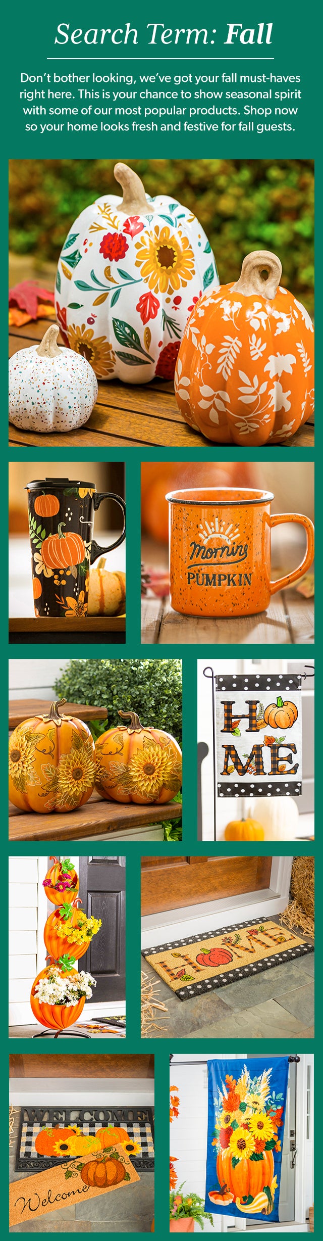 Search Term: Fall Don’t bother looking, we’ve got your fall must-haves right here. This is your chance to show seasonal spirit with some of our most popular products. Shop now so your home looks fresh and festive for fall guests. 