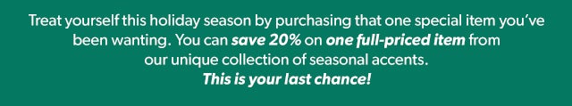 Treat yourself this holiday season by purchasing that one special item you’ve been wanting. You can save 20% on one full-priced item from our unique collection of seasonal accents. This is your last chance!
