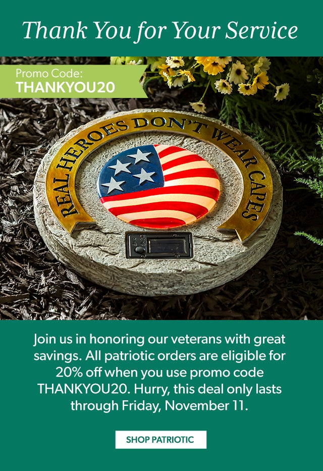 Thank You for Your Service Join us in honoring our veterans with great savings. All patriotic orders of at least $65 are eligible for 20% off when you use promo code THANKYOU20. Hurry, this deal only lasts through Friday, November 11.