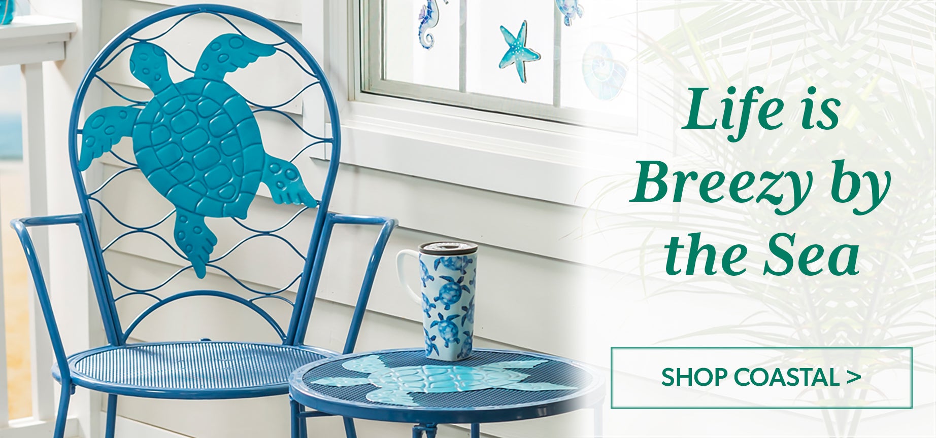 Image of sea turtle table and chair. Life is breezy by the sea, shop Coastal